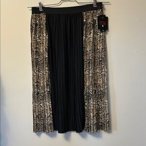 Bob Mackie black & tan pleat midi polyester skirt elastic waist size L with tags